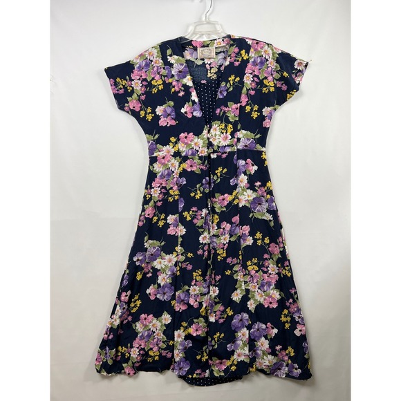 Erika Dresses & Skirts - Vintage Erika Floral Midi Dress Womens Large Navy Blue V-Neck Short Sleeve
